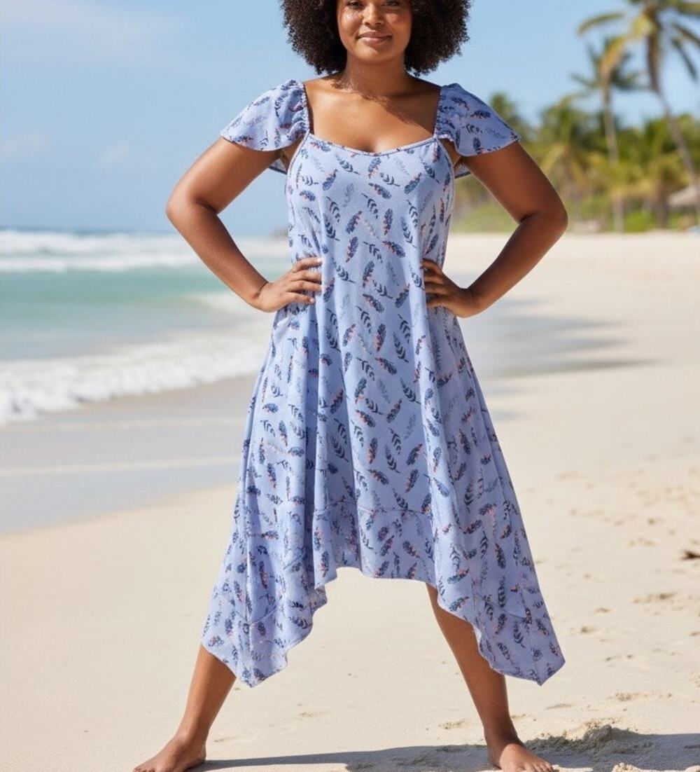 Lost Ink Purple Feather Swing Midi Dress 3X Trapeze Sundress Whimsical Vacation